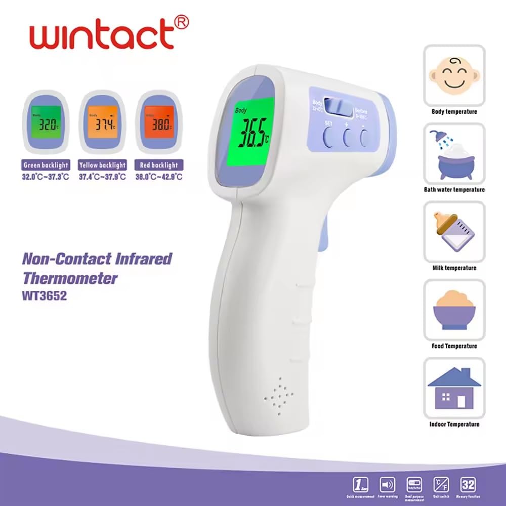 Thermomètre Frontal Infrarouge médicale Thermometre sans Contact pour Adulte Enfant bébé, Affichage LCD Mode avec indicateurs colorés Option sonore, et 32 mémoires.