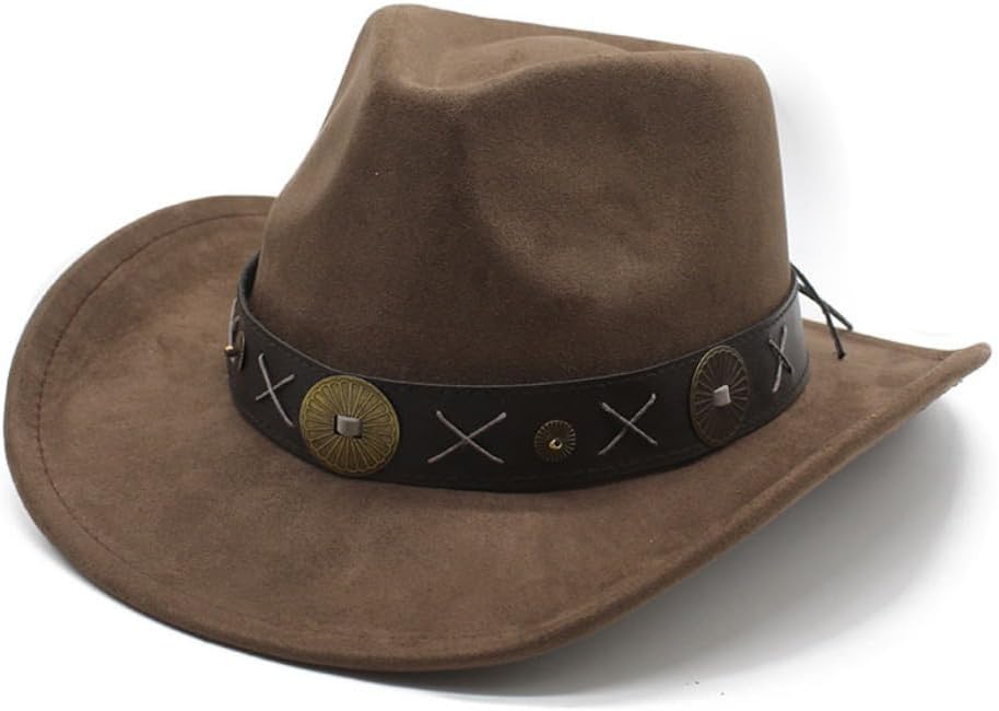 Western Cowboy Hat, Tan, Faux Suede Material, Decorative Metal Concho Band, Wide Brim Style