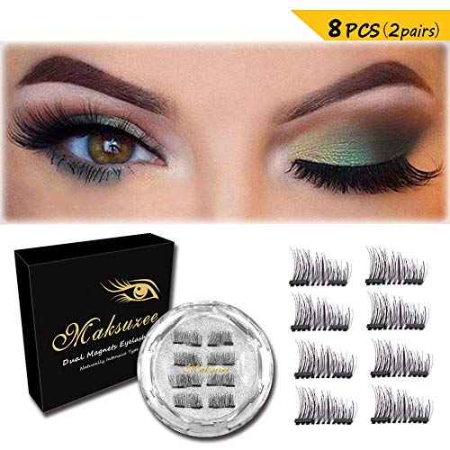 Maksuzee Magnet Eyelashes Dual Magnetic False Eyelashes with NO GLUE,Fake Lashes Extension for Natural Look 8 Pieces /2 pair
