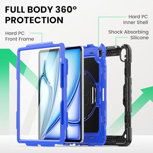 Image of SEYMAC for iPad Air 13 Inch Case M4 / M3 / M2 (2026 /2025 / 2024), Heavy Duty Shockproof Protective Case with Screen Protector, 360 Rotating Stand, Hand /Shoulder Strap and Pen Holder, Blue