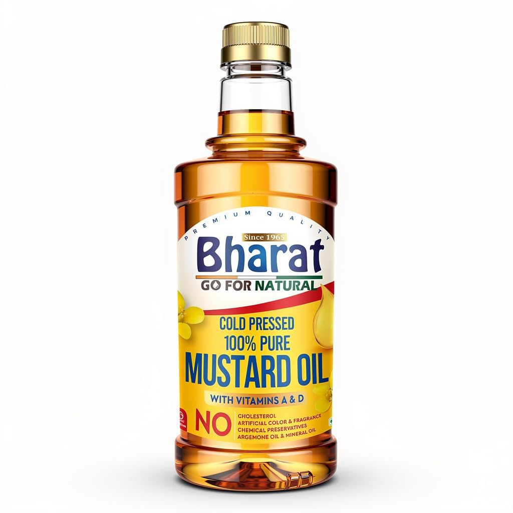 Bharat Pure Mustard Oil 1 Litre | Kachi Ghani Cold Pressed Mustard Oil | Authentic Indian Cooking Oil | Rich in MUFA & PUFA | Strong Aroma & Flavor