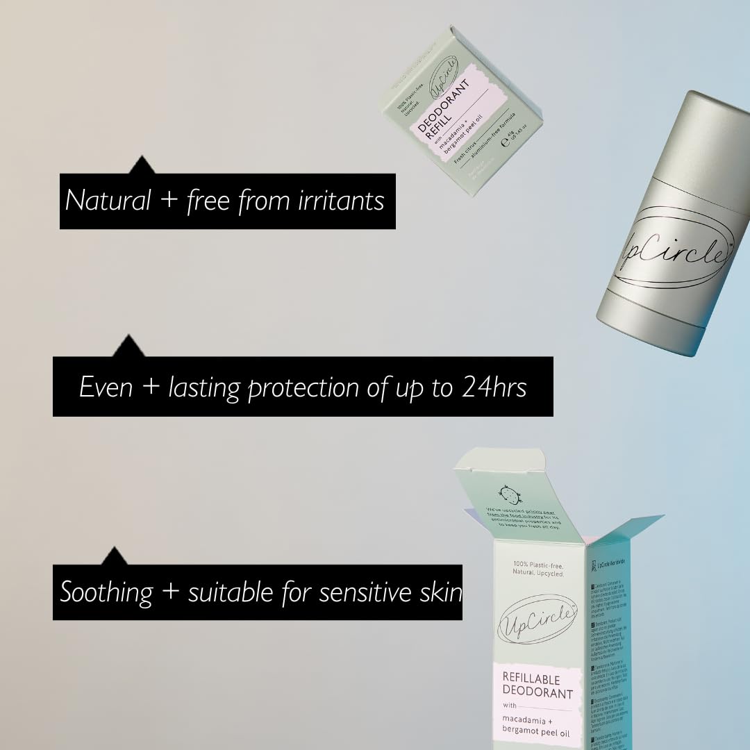 UpCircle Deodorante Ricaricabile con Macadamia + Bergamotto - 1 Astuccio + 1 Ricarica - Adatto per pelli sensibili - Naturale - Idratante - Fino a 24 ore di protezione duratura