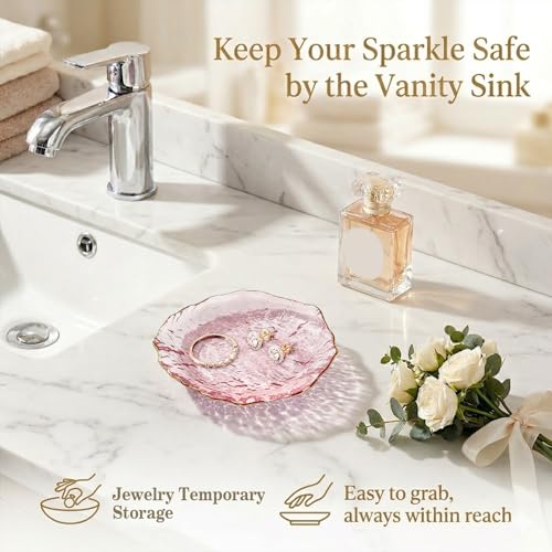 Image of Gifts For Women Pink Jewelry Tray Glass Ring Holder Dish Key Bowl Trinket Dish Bathroom Vanity Organizer Aesthetic Bridesmaid Bride Wedding Engagement Retirement Teacher Gifts For Women Her Coworkers