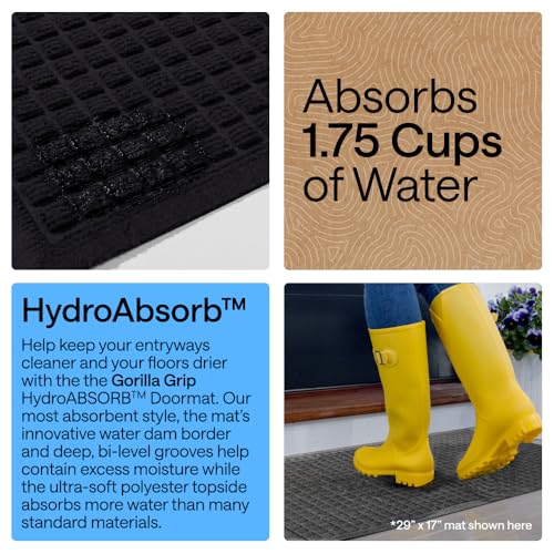 Image of GORILLA GRIP Ultra Absorbent Front Door Mat Outside Entrance, Traps Dirt and Moisture, HydroABSORB Indoor Outdoor Doormat Holds 1.7 Cups Water, Stain and Fade Resistant Welcome Mat 2 Pack 29x17 Black