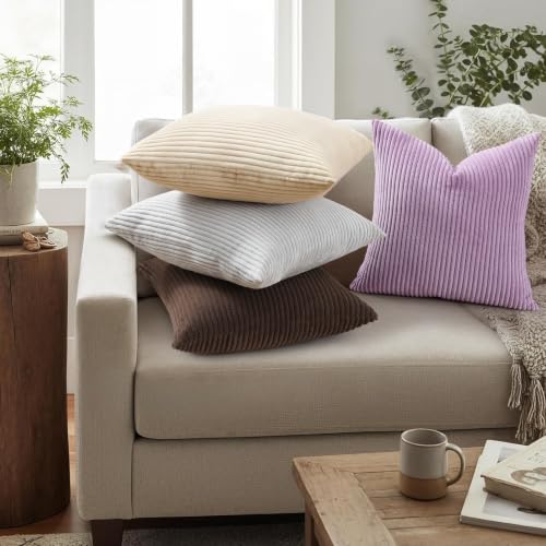 Image of Mecatny Corduroy Decorative Throw Pillow Covers 24x24 Set of 2 for Sofa Living Room, Soft Neutral Boho Couch Pillow Covers for Home Decor, Lilac