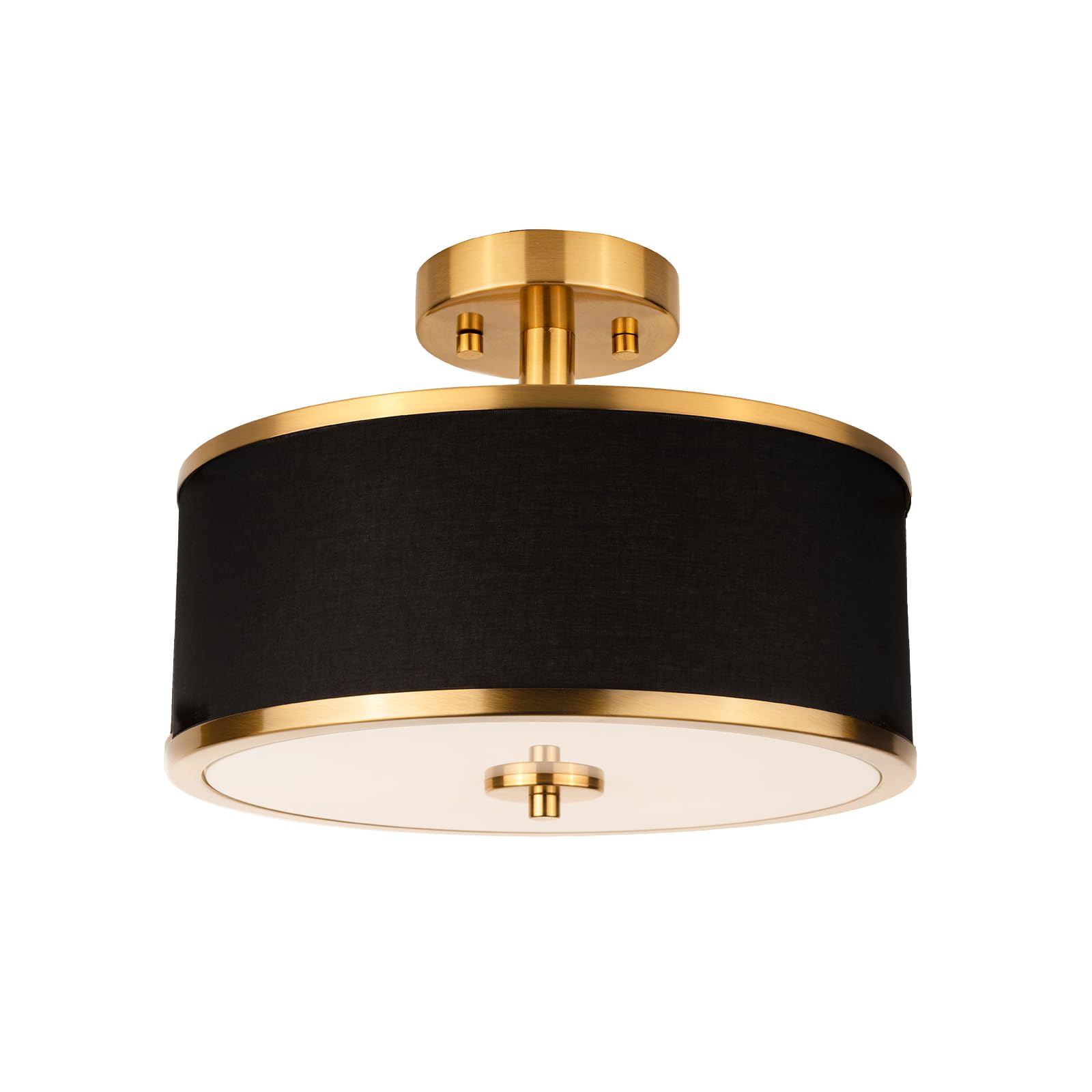 3-Light Semi Flush Mount Ceiling Light Fixture, 12.6" Gold Drum Light with Black Fabric Shade, Modern Close to Ceiling Light for Living Room Bedroom Dining Room Kitchen Hallway Entry Foyer