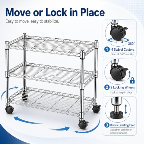 Image of Simple Deluxe 3-Tier Storage Shelves, 750 Lbs Loading Capacity, 24.02 inch W x 13.78 inch D x 21.97 inch H Shelving Unit for Garage, Pantry and Kitchen, Chrome