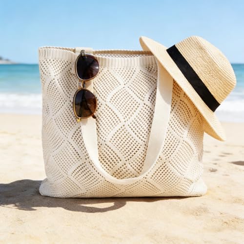 Image of COOKOOKY Lined Crochet Tote Beach Shoulder Bag Women Casual Work Shopping | Lined crochet tote with soft structure, perfect for beach, work, shopping. Roomy & lightweight for daily use.