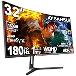 SANSUI 32-Inch Curved Gaming Monitor WQHD 2560 x 1440 180Hz Curved 1500R -1ms(OD), HDR, 300nits, sRGB 125%, DCI-P3 95%, FreeSync, HDMI x2, DP1.2x2(ES-G32C3 DP Cable Included)