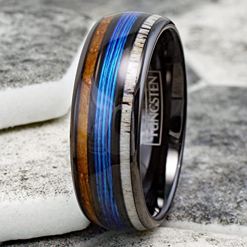 Stunning Unique 6mm/8mm Polished Black Tungsten Carbide Low Dome Band Ring with Fishing Line Between Whiskey Barrel Oak Wood and Deer Antler Inlays.4