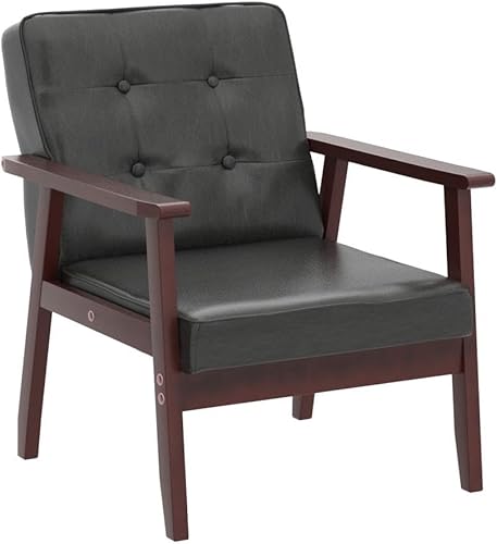 Miniatura 5 de Okeysen Silla decorativa moderna de mediados de siglo, silla auxiliar retro de madera y cuero, cómoda silla de lectura para sala de estar,