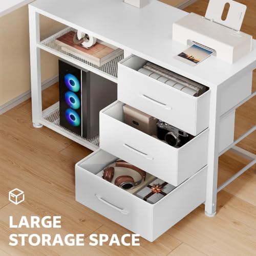 Image of 47 Inch L Shaped Desk with 3 Drawers Electric Standing Desks White | with Storage Computer Table Adjustable Height with Power Outlets 4 Memory Presets for Home Office, White