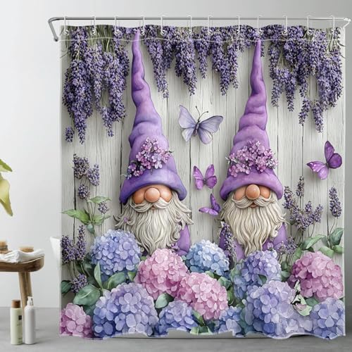 LB Purple Lavender Floral Shower Curtain for Bathroom Spring Vintage Pink and Blue Hydrangea Flower and Butterfly Fabric Shower Curtain with Hooks Cute Gnome Bathroom Curtain Shower Set 72W x 72L