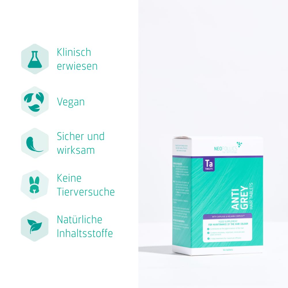 Neofollics Anti-Grau-Tabletten – 60 Stück – Zweistufiges Supplement mit Katalase & Melanin Complex™ – Unterstützt die Natürliche Haarpigmentierung – Vegane Formel – für Männer & Frauen