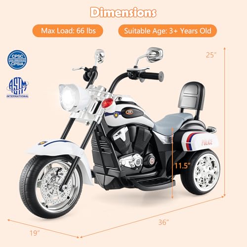 Image of Costzon 6V Ride on Chopper Kids Motorcycle w /Horn, Headlight(Police White) | Battery Powered, 3-Wheel Stable Ride on Toys, Electric Toddler Motorcycle for Kids, Gift for Boys Girls