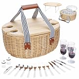 STBoo Picnic Basket for 4, Insulated Wicker Hamper with Folding Table, Willow Picnic Baskets Set with Large Insulated Cooler Bag for Camping Outdoor (Stripe)