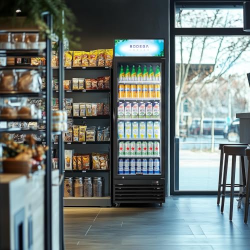 Image of BODEGACOOLER 15.5 Cu.Ft Commercial Refrigerator,Upright Display Cooler | 420 Cans Capacity, 5 Adjustable Shelves, Low-E Glass Door with Lock & LED, 34-50F, 4 Casters for Bar, Cafe & Office, Black