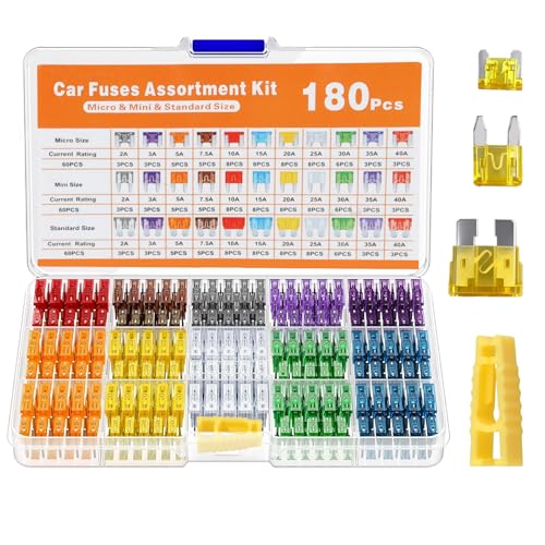 180Pcs Blade Car Fuse Assortment Kit, Micro *60 Mini *60 Standard Auto Fuses *60 & Puller & Box 2Amp 3A 5A 7.5A 10A 15A 20A 25A 30A 35A 40A for Motorcycle Automotive RV SUV Truck Boat