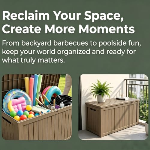 Image of 185 Gallon Deck Box Outdoor Storage, Weatherproof Resin Patio Container for Cushions Garden Tools Pool Accessories, Lockable Lid with Handles, Bench Seat for Yard Patio Garage