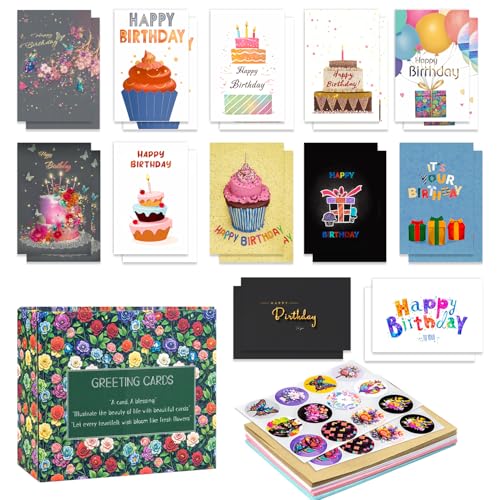 24 Geburtstagskarten Set, 24 Umschläge, 24 Sticker, Geschenkbox, 6 Designs, Partydekoration, bunte Torten, Geschenkschachteln, Luftballons, Geburtstagswünsche für Familie, Freunde, Kollegen
