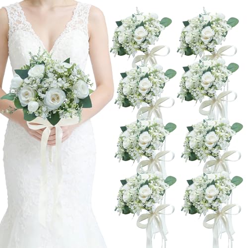 Buecobby Artificial Bridesmaid Bouquets Set of 8 - Ivory White 9 Inch Flower Bouquet for Wedding Party Ceremony Dinning Table Centerpieces Decor Faux Boho (Small Rose & Babys Breath & Ribbon)