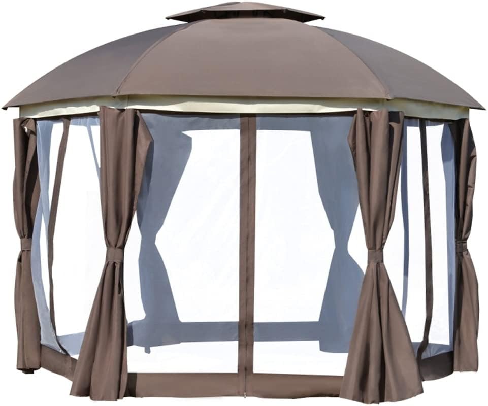 12' X 12' Round Outdoor Patio Gazebo Canopy with 2-Tier Roof, Netting Sidewalls, & Strong Steel Frame, Brown