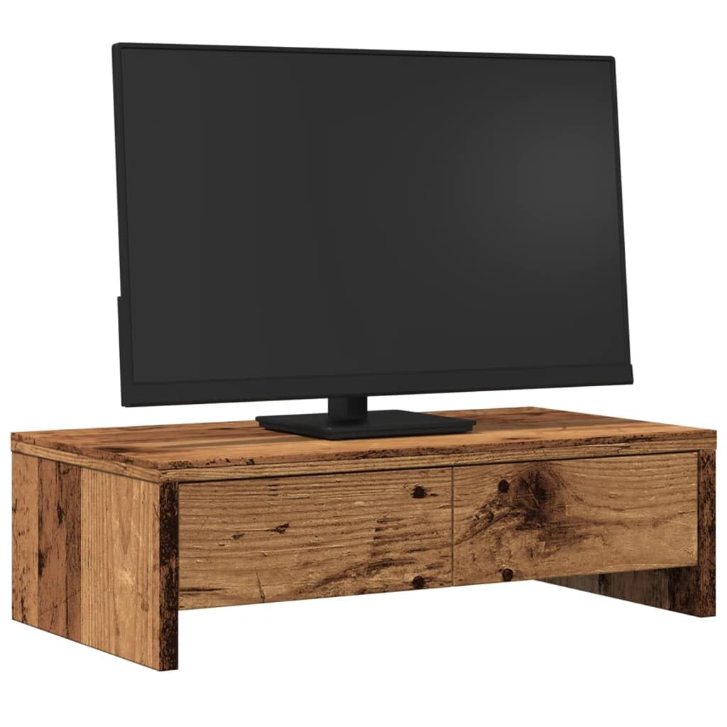 Supporto per monitor con cassetti, effetto legno anticato, 50 x 27 x 15 cm, organizer da scrivania per ufficio, casa, con spazio di archiviazione, superficie ergonomica