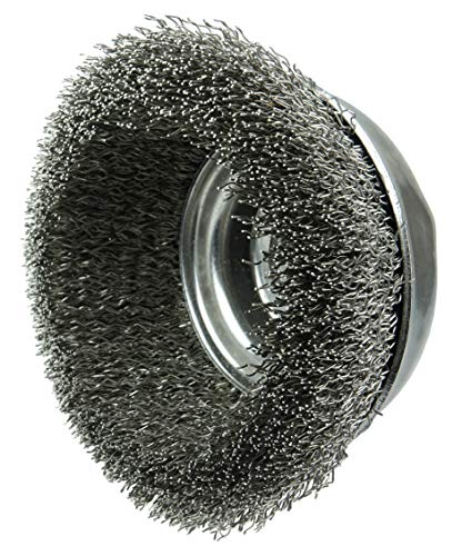 Image of Weiler 14256 5 inch Crimped Wire Cup Brush, .020 inch Stainless Steel Fill, 5 /8 inch-11 UNC Nut, Made in The USA