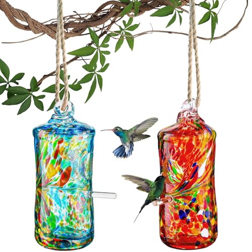 2 Pack Hummingbird Houses for Outside Hanging Hand Blown Glass Hummingbird Accessories Nest House Bird Houses for Outdoor Patio Garden Decoration