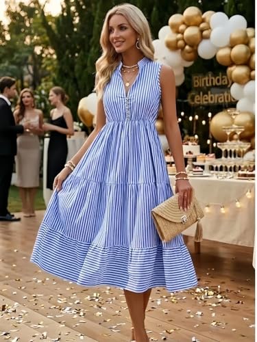 Image of BROVAVE Womens 2026 Summer Sleeveless Shirt Dress Collar Striped V Neck Casual Midi Dresses