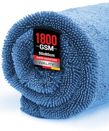 Ivality® Auto Trockentuch XXL 80x50 cm – 1800 GSM Ultra Saugstarke Mikrofasertücher für Autopflege und Motorrad, Fusselfreies, Lack-schonendes Twisted Towel Microfasertücher - Blau