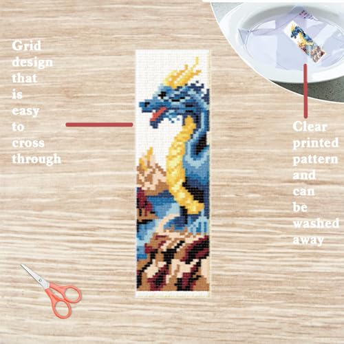 Image of FREEBLOSS 6 Set Cross Stitch Bookmark Kit Stamped Cross Stitch Kit Dark Dragon Embroidery Set with Instruction for Adults 8''*2.4''