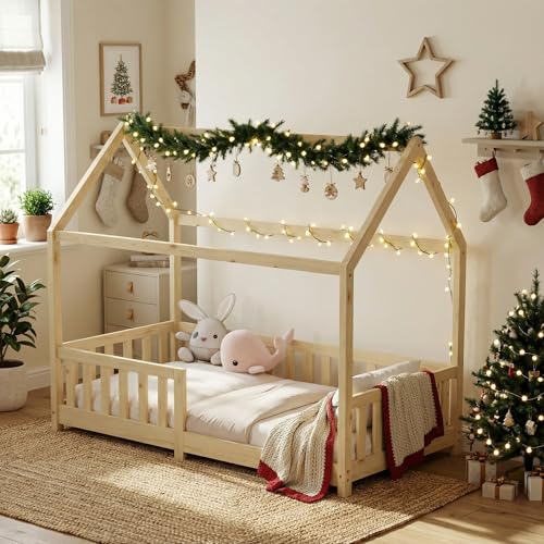 ecomi® Cama Infantil con Protección Anticaídas y Somier, Cama de Casa - Cuna 90 x 200/80 x 160 cm en Blanco/Natural para Niños (Natural, 80x160)