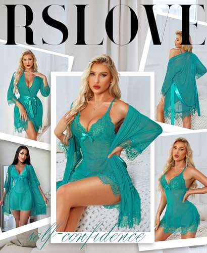 Image of RSLOVE Women Sexy Lingerie Set 3 Piece Babydoll & Lace Kimono Robe Strap Chemise Sleepwear Mesh Nightgown