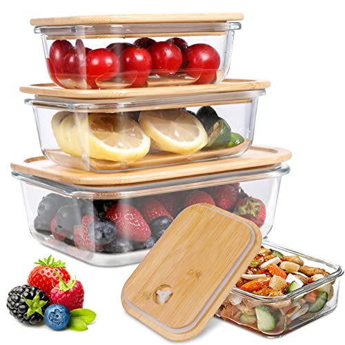 MASTERTOP Frischhaltedosen-Set, 4-Teiliges Glas Vorratsdosen Set mit Luftdicht Bambus Deckl, BPA-Frei Aufbewahrungsbox für Meal prep Cover