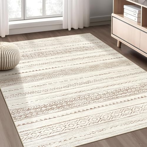 Nakagishi Area Rug Living Room Rugs: 3x5 Soft Machine Washable Boho Neutral Farmhouse Stain Resistant Moroccan Indoor Floor Carpet for Bedroom Nursery Kids Entryway Kitchen Entry Bedside Home- Brown