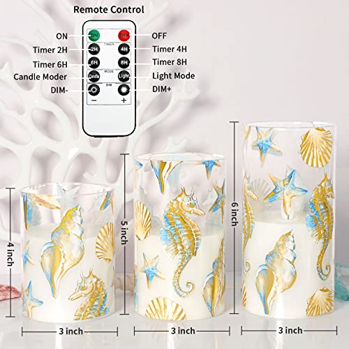 Crystal Club Glass Flameless Candles With Remote And Timer: Nautical Theme Led Pillar Candles - Set Of 3 Battery Operated Flickering Candles - Seahorse Shell Candles For Home Decor #TOP2