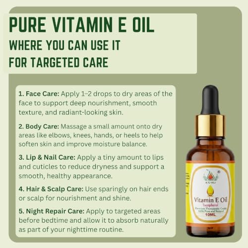 Image of KUNJ Vitamin E Oil 10ml - 100% Pure & Natural | Vitamin E Oil for Face, Skin Glow, Hair & Nail Care | Lightweight Non-Sticky Oil for Moisturizing & DIY Beauty Blends