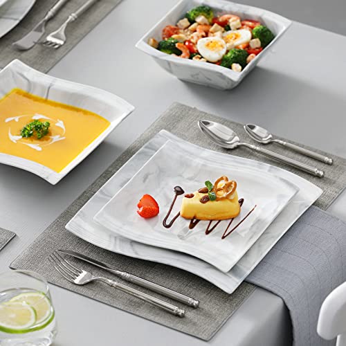 Image of MALACASA Plates and Bowls Sets, 16-Piece Porcelain Dinnerware Sets for 4, Square Dish Set with Plates and Bowls, Modern Dinnerware Set, Marble Grey Plate Set, Series Flora