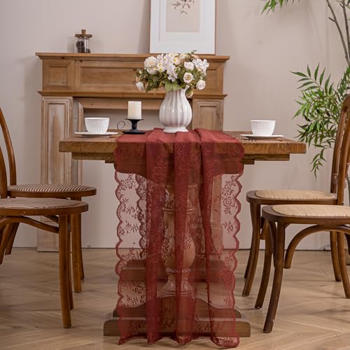Winotic Terracotta Lace Table Runner with Floral Embroidered(1pcs 28”x118”)