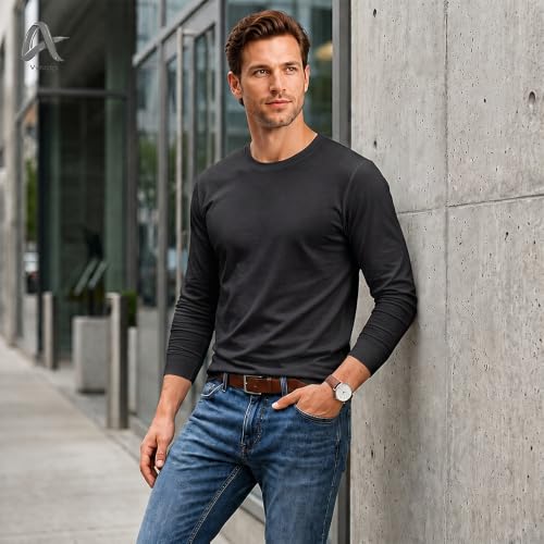 Image of Men's Long Sleeve T-Shirt 100% Cotton Plain Crew Neck Casual Regular Fit Soft Basic Tee for Men