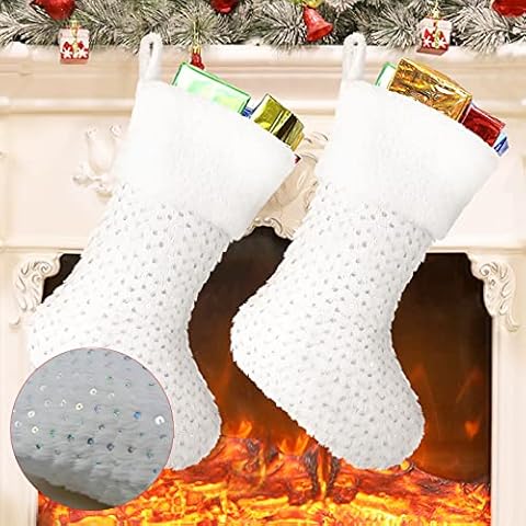 YOSICHY 18” Christmas Stockings White Plush Faux Fur with Colorful Sequins Snowy Xmas Hanging Stocking for Holiday Party Decor Pack of 2 Cover