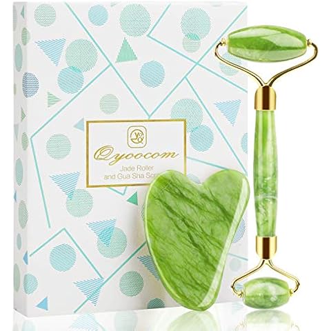 Jade Roller Gesicht Jade Massagegerät Gesichtsmassager, Gesichtsroller Geschenkset mit Gua Sha Jade, Natürliche Massagestein Hautpflege für Anti-Aging, Therapie, Gesichts Halshaut Wangen Hautstraffung Cover