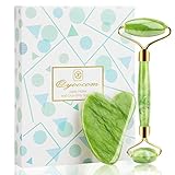 Jade Roller Gesicht Jade Massagegerät Gesichtsmassager, Gesichtsroller Geschenkset mit Gua Sha Jade, Natürliche Massagestein Hautpflege für Anti-Aging, Therapie, Gesichts Halshaut Wangen Hautstraffung