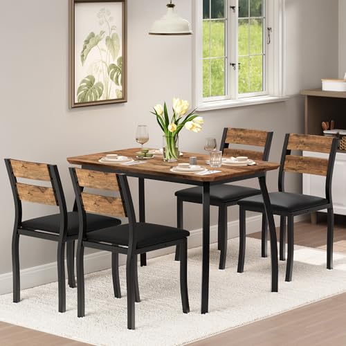 Garvee Dining Table Set for 4, Modern Metal & Wood Dining Room Table Set for 4 with Chamfered Edge & Cushion Seats, Space-Saving for Breakfast Nook, Apartment, Small Space, Dinette, Retro