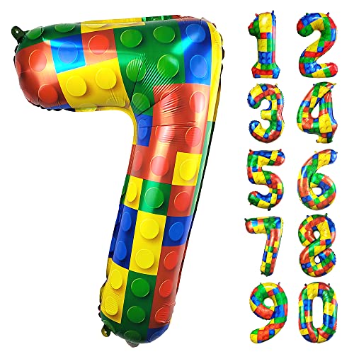 Image of 32 Inch Building Block Number 7 Balloons 7 year birthday Block Themed Large Big Helium Foil Mylar Balloon for Girls Boys 7th Birthday Party Decoration Supplies