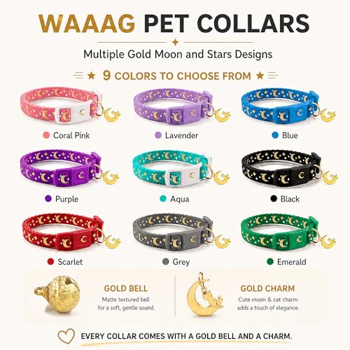 Image of WAAAG Cat Collars, Gold Moons and Stars Cat Collar, Safety Breakaway Cat Collar, Glow in The Dark (Kitten 6.5 inch-10 inch Neck, Purple)