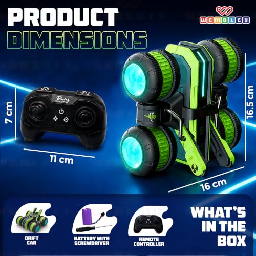Image of Wembley Blaze RC Drift Car for Kids - 2.4GHz Remote Control Car, 4WD Stunt Car with 360 Rotation, LED Lights, Easy-Flip Tires, Rechargeable Battery, Racing Toy Gift for Boys & Girls 3-14 Years