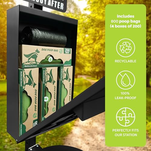 Image of Hands-Free Dog Waste Station Outdoor with Pedal - Dog Waste Disposal System for Park & Trails - Rust Proof Doggie Station - Night Glowing Sign | 800 Pet Waste Bags & 100 Can Liners (Black)