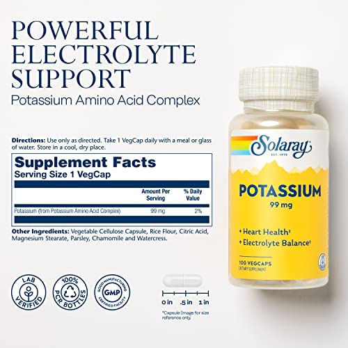 Solaray Potassium 99 Mg, Fluid And Electrolyte Balance Formula, Potassium Supplement For Muscle, Nerve, Cellular And Heart Health Support, 60-Day Money Back Guarantee, 100 Servings, 100 Vegcaps #TOP1